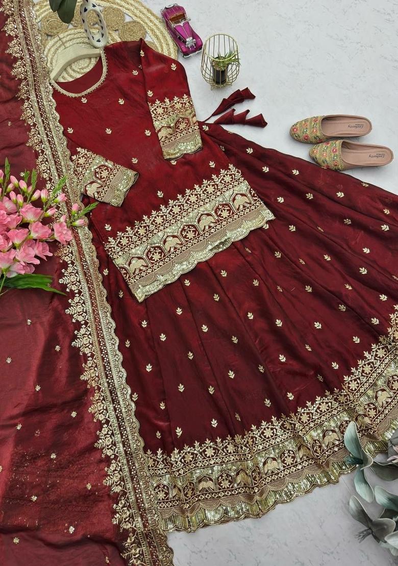 Maroon Embroidery Silk Salwar Kameez - Indya