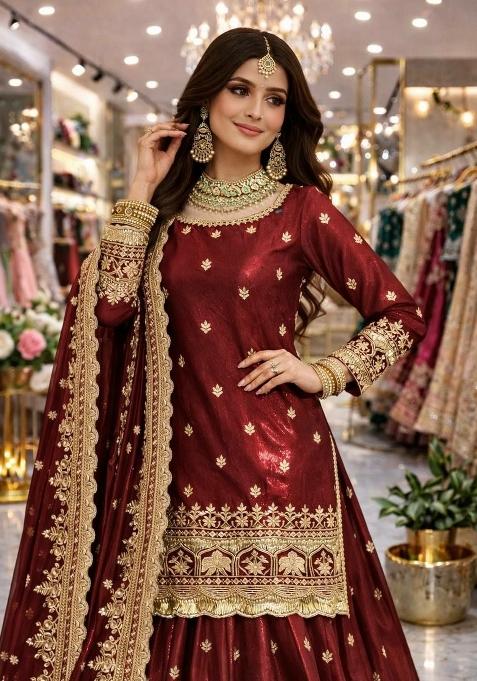 Maroon Embroidery Silk Salwar Kameez