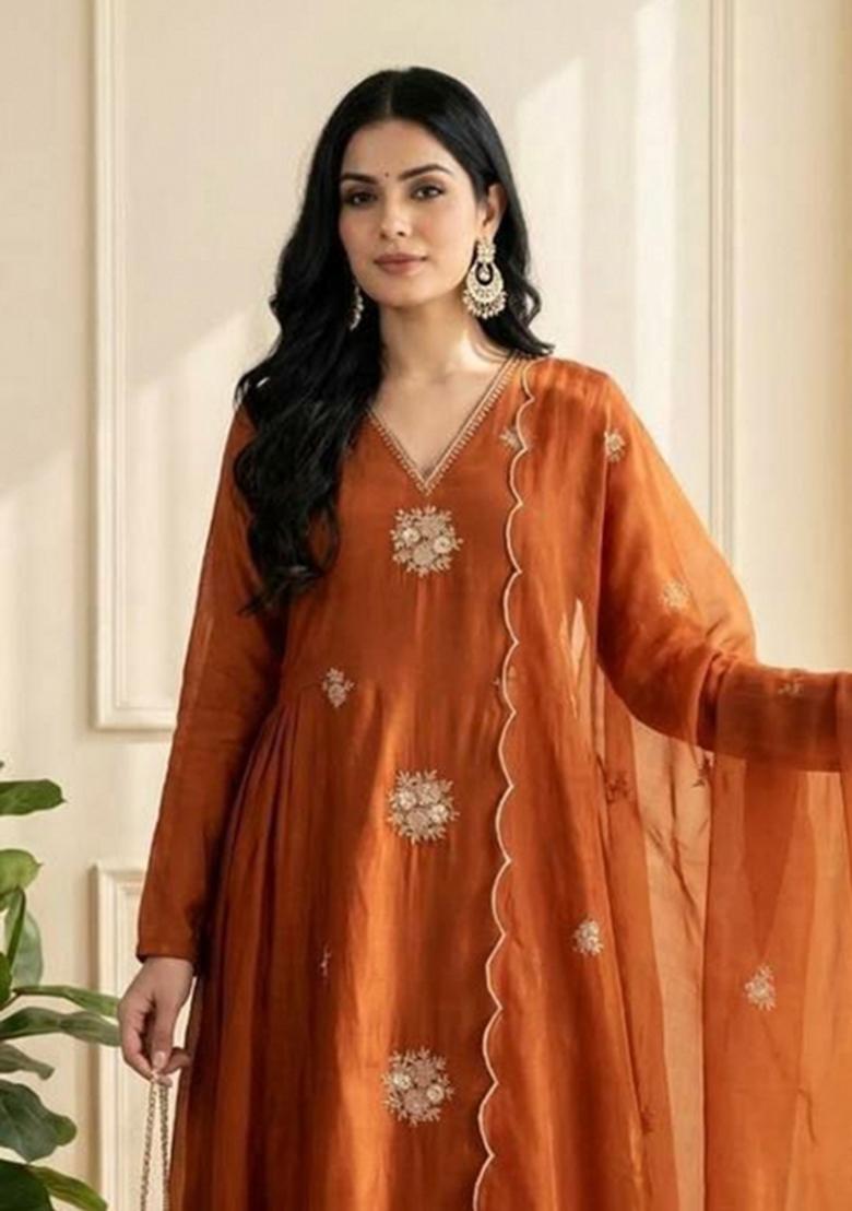 Light Brown Embroidery Silk Kurta Set - Indya