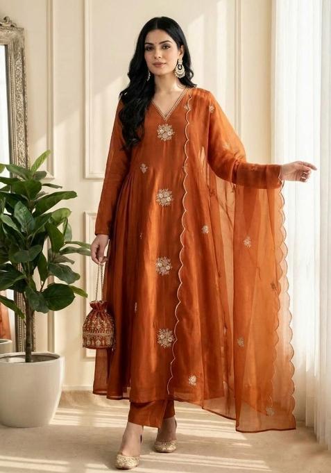 Light Brown Embroidery Silk Kurta Set