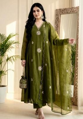 Green Embroidery Silk Kurta Set