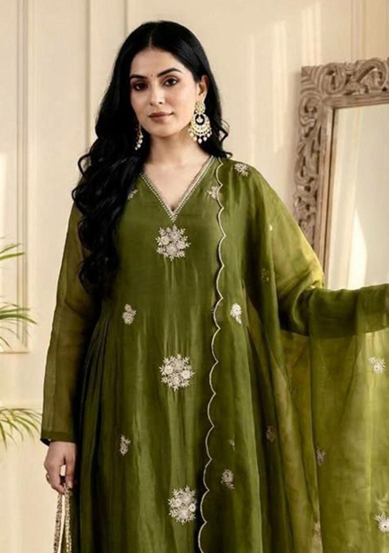 Green Embroidery Silk Kurta Set - Indya