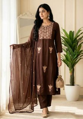 Brown Embroidery Silk Kurta Set