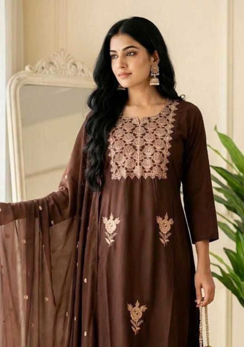Brown Embroidery Silk Kurta Set - Indya