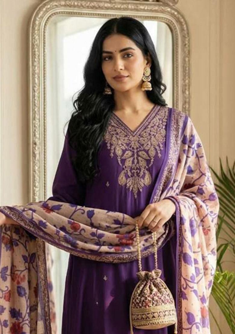 Purple Embroidery Silk Kurta Set - Indya