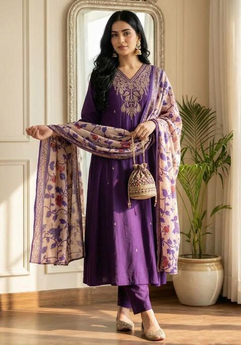 Purple Embroidery Silk Kurta Set