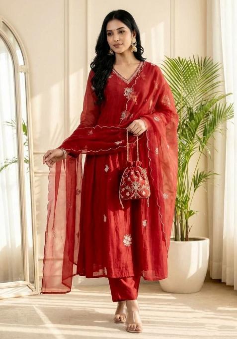 Red Embroidery Silk Kurta Set