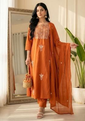 Orange Embroidery Silk Kurta Set