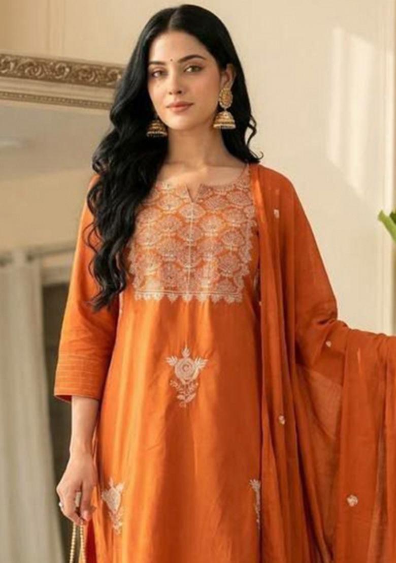 Orange Embroidery Silk Kurta Set - Indya