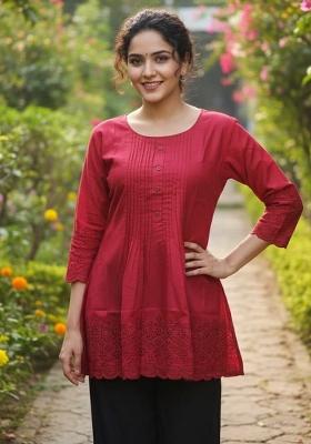 Red Embroidery Cotton Kurta
