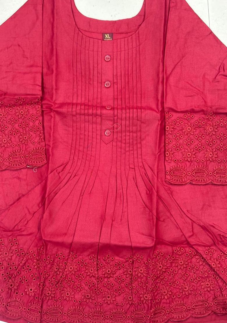 Red Embroidery Cotton Kurta - Indya