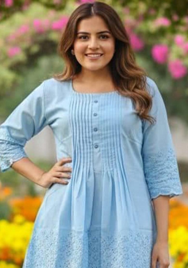 Blue Embroidery Cotton Kurta - Indya