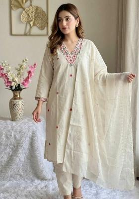 Beige Embroidery Cotton Kurta Set