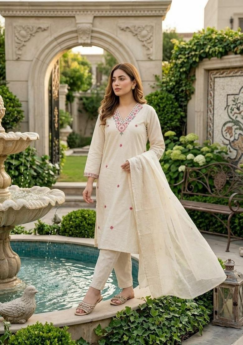 Beige Embroidery Cotton Kurta Set - Indya