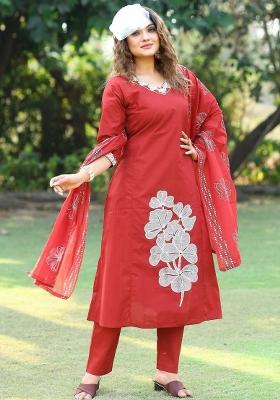 Red Embroidery Cotton Kurta Set