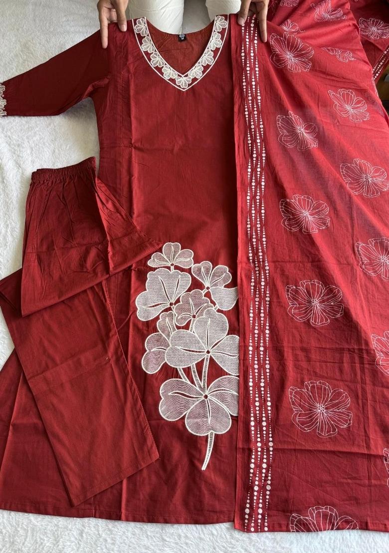 Red Embroidery Cotton Kurta Set - Indya