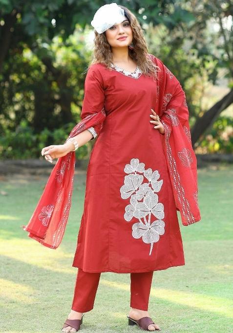 Red Embroidery Cotton Kurta Set