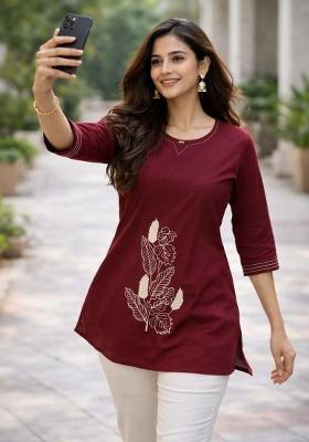 Maroon Embroidery Cotton Kurta