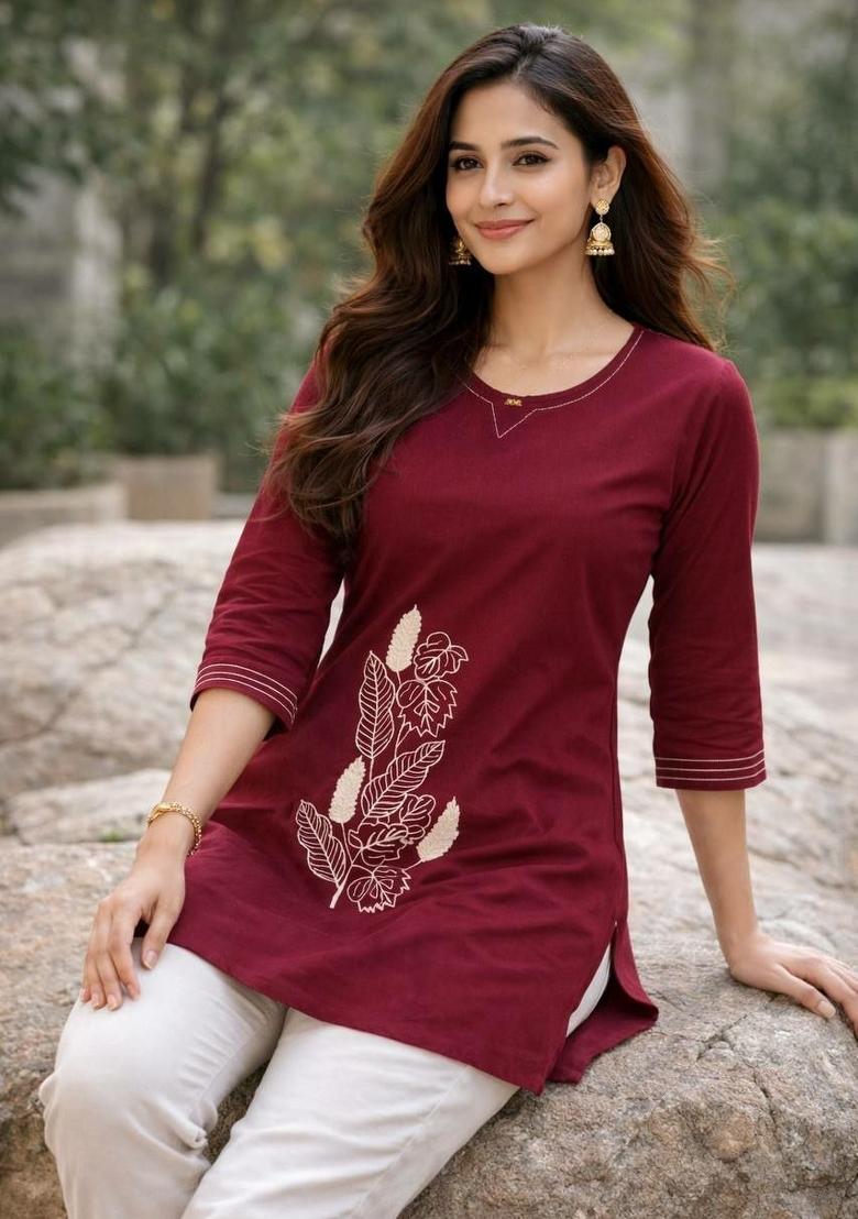 Maroon Embroidery Cotton Kurta - Indya