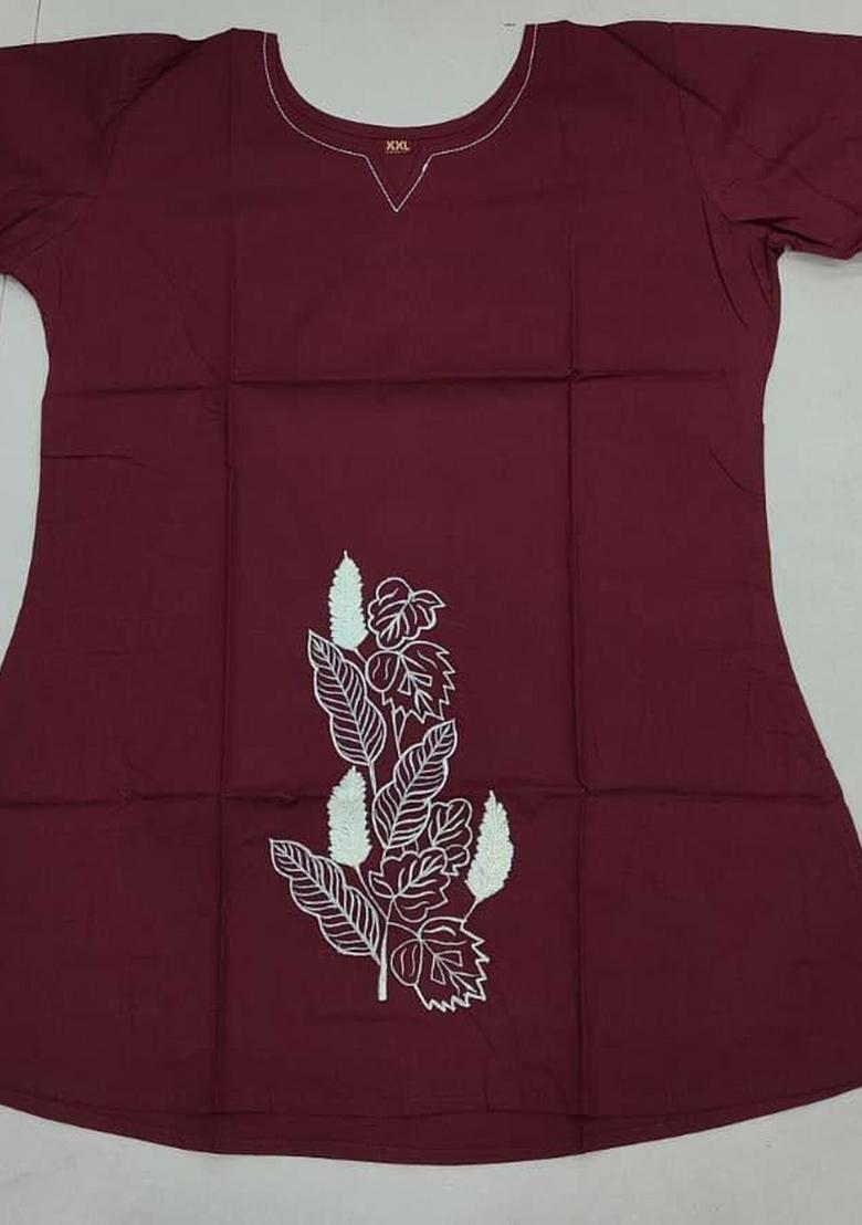 Maroon Embroidery Cotton Kurta - Indya
