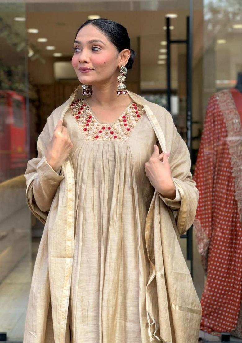 Beige Embroidery Silk Kurta Set - Indya