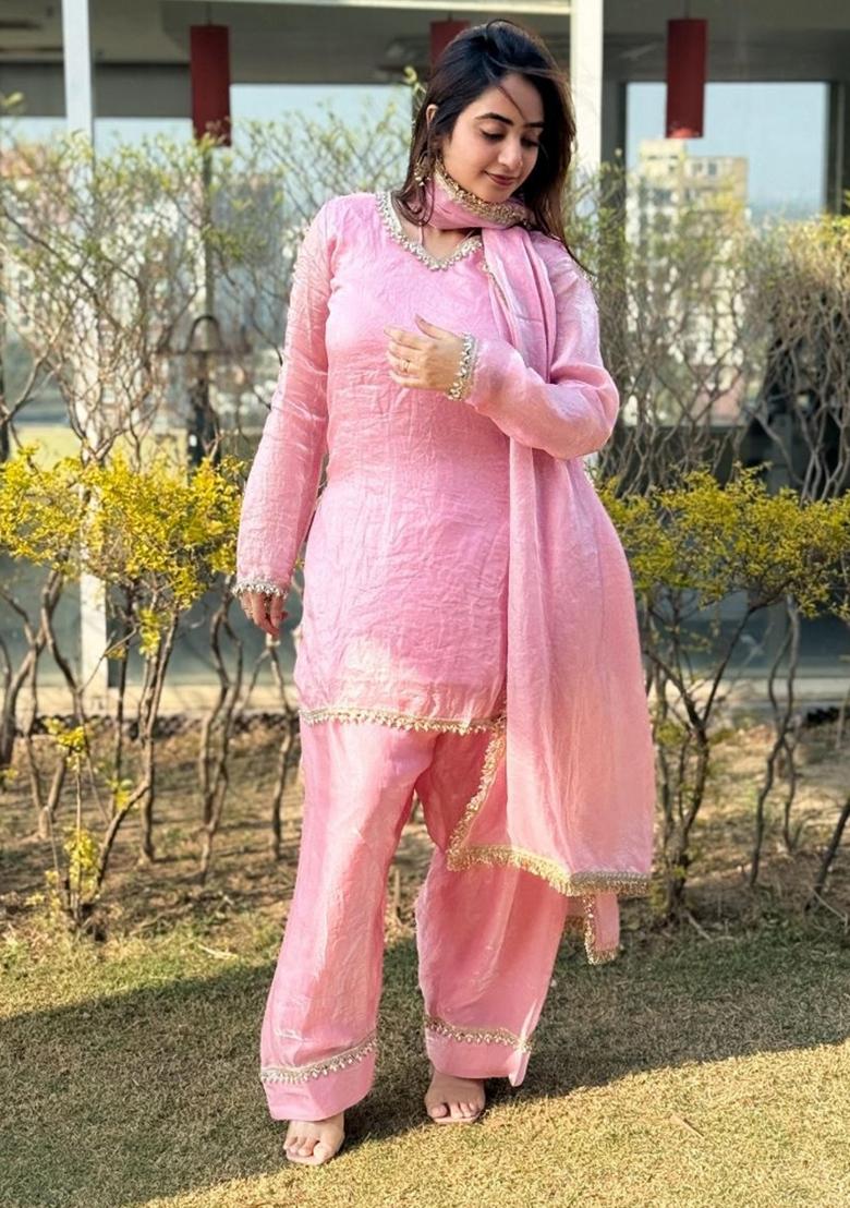 Pink Embroidery Silk Kurta Set - Indya