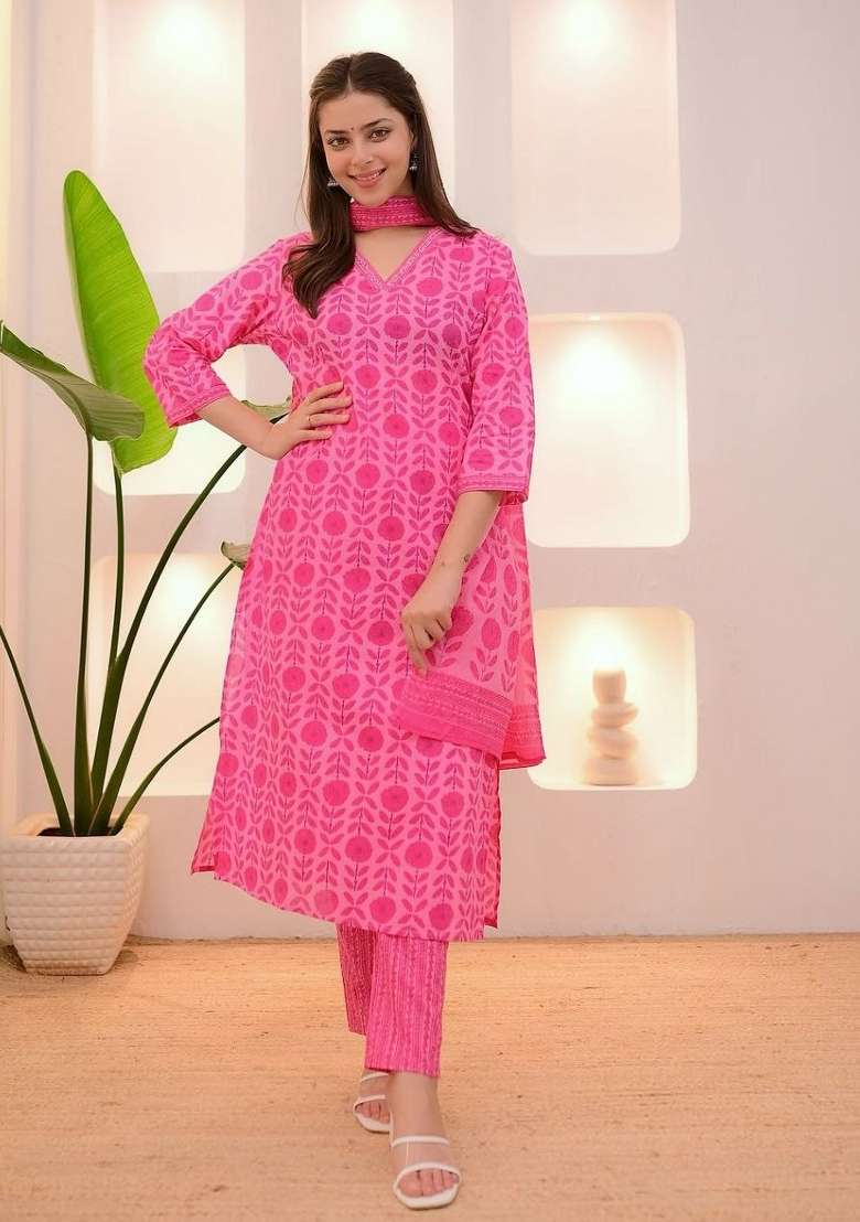 Pink Embroidery Rayon Kurta Set - Indya