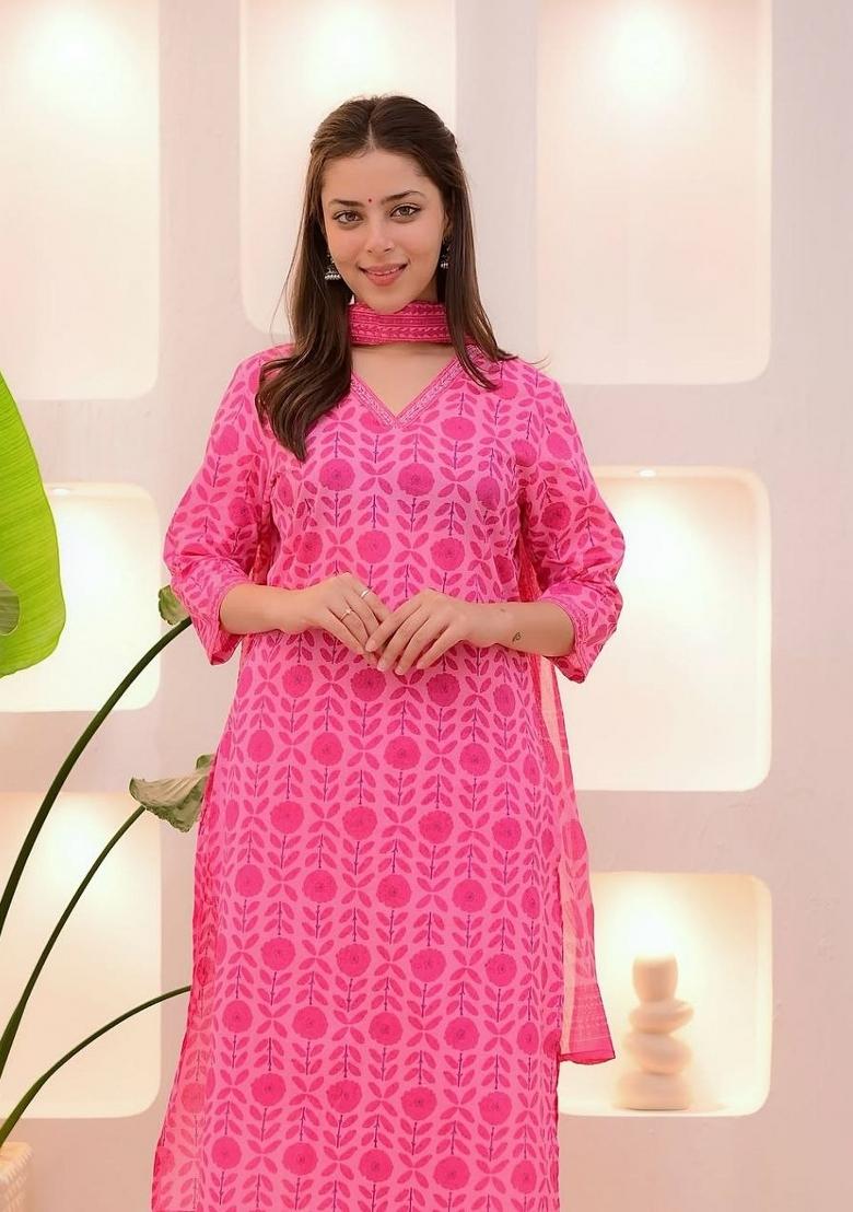 Pink Embroidery Rayon Kurta Set - Indya