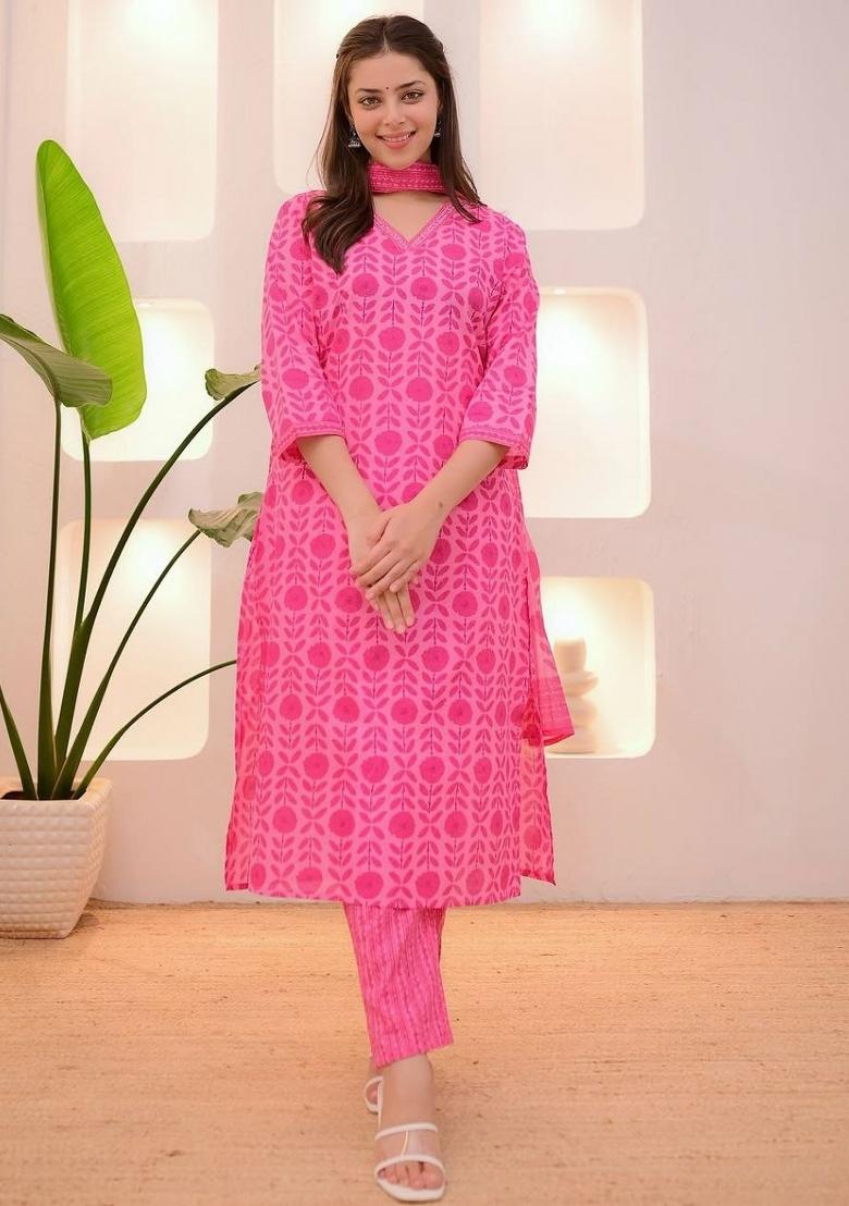 Pink Embroidery Rayon Kurta Set - Indya