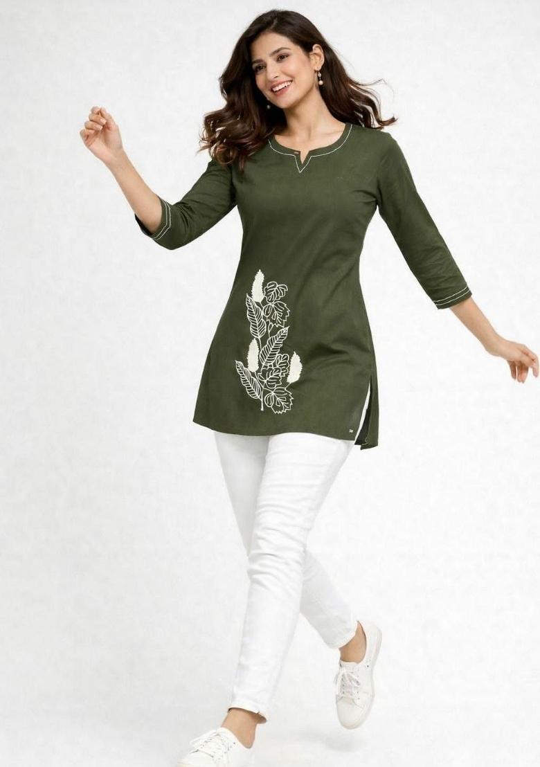 Green Embroidery Cotton Kurta - Indya