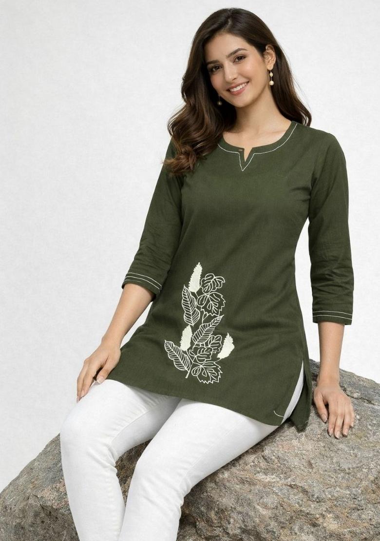 Green Embroidery Cotton Kurta - Indya