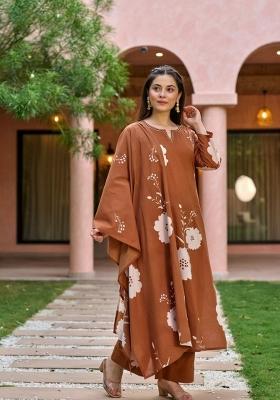 Brown Embroidery Muslin Kurta Set