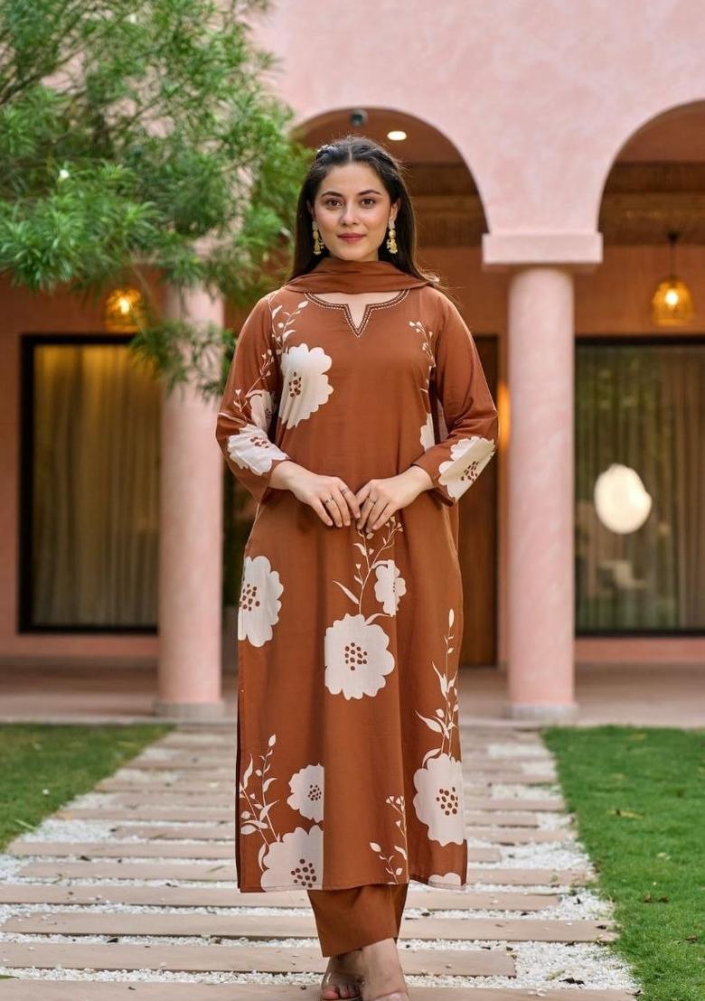 Brown Embroidery Muslin Kurta Set - Indya