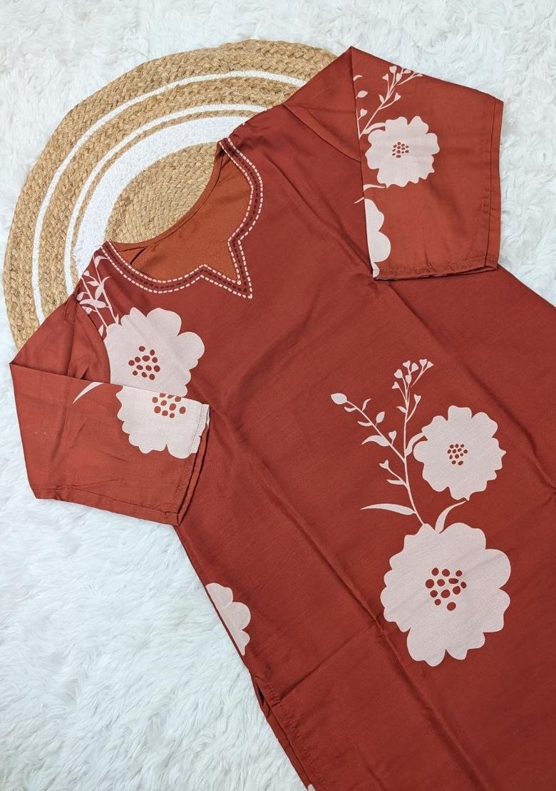 Brown Embroidery Muslin Kurta Set - Indya