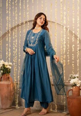 Blue Embroidery Silk Kurta Set