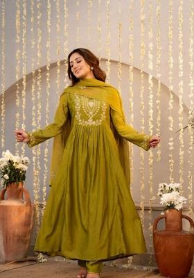 Mehendi Embroidery Silk Kurta Set