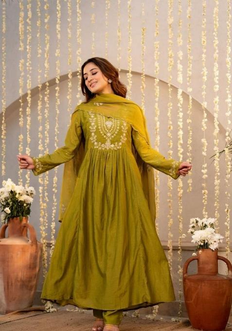Mehendi Embroidery Silk Kurta Set