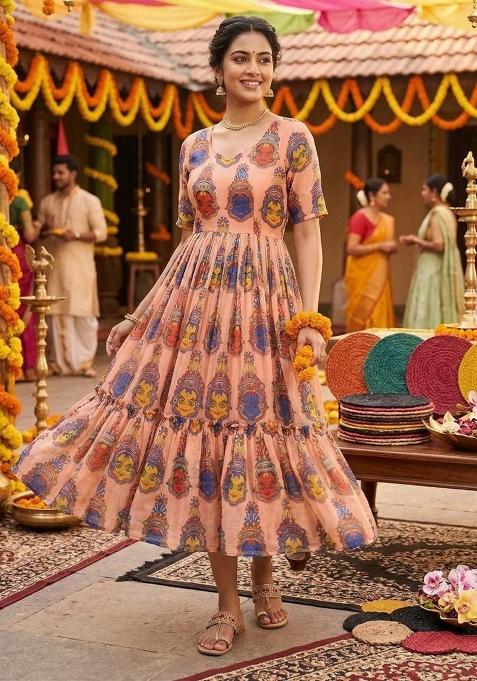 Peach Embroidery Chanderi Kurta