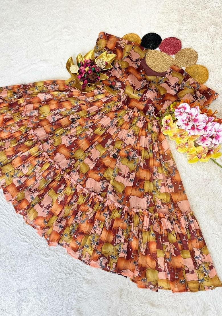 Brown Embroidery Chanderi Kurta - Indya