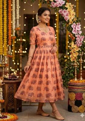 Peach Embroidery Chanderi Kurta