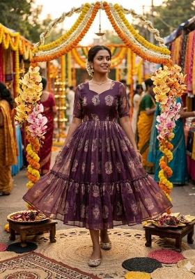 Purple Embroidery Chanderi Kurta