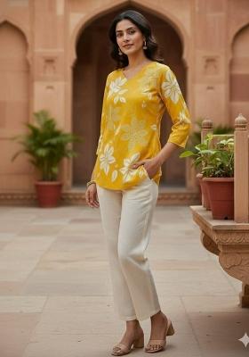 Yellow Embroidery Rayon Kurta Set