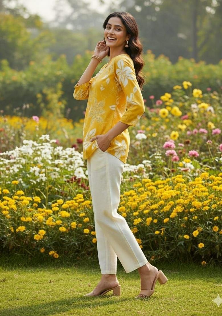 Yellow Embroidery Rayon Kurta Set - Indya