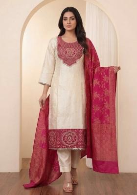 White Embroidery Banarasi Kurta Set