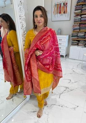 Yellow Embroidery Banarasi Kurta Set