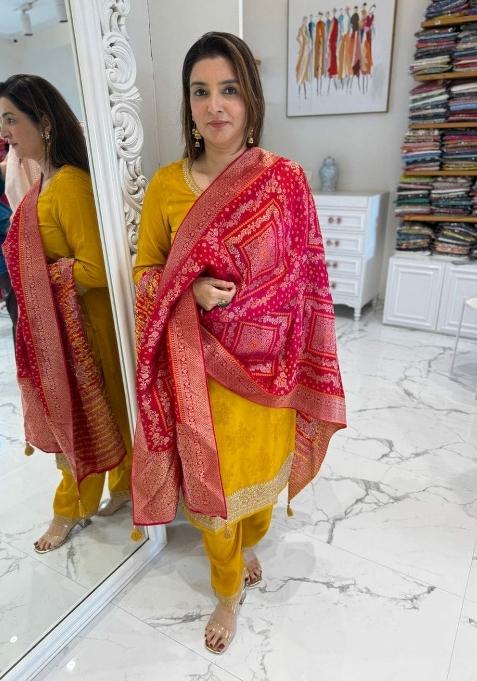 Yellow Embroidery Banarasi Kurta Set