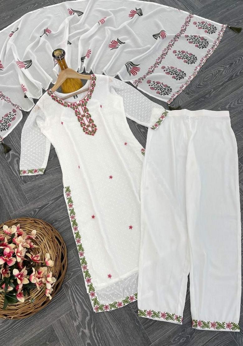White Embroidery Georgette Kurta Set - Indya