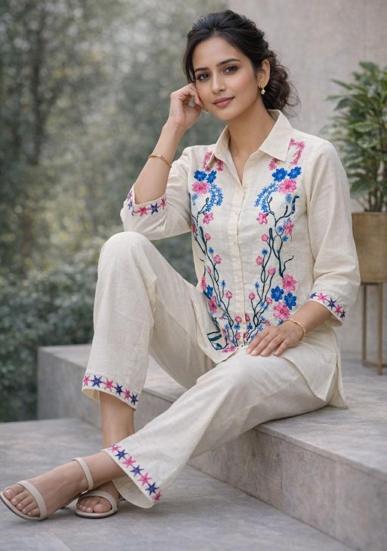 White Embroidery Cotton Kurta Set - Indya