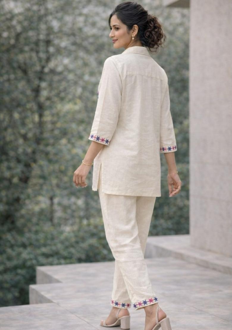 White Embroidery Cotton Kurta Set - Indya