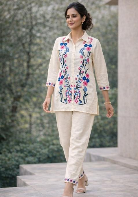 White Embroidery Cotton Kurta Set